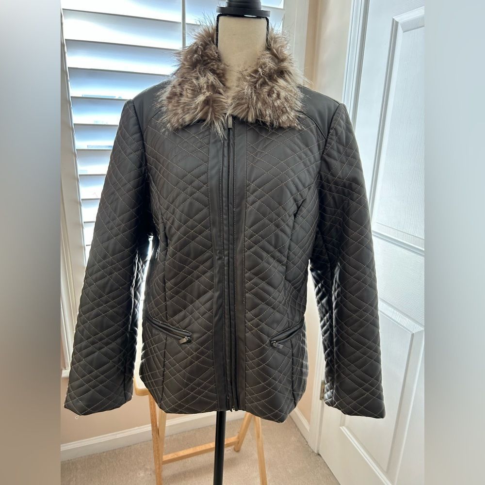 Chico’s coat. Size 1. Brown. Faux leather and fun fur. NWOT